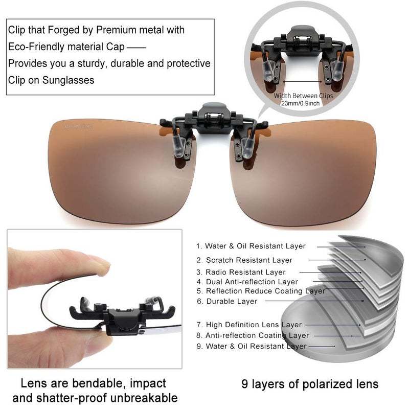 CAXMAN Polarized Clip On Sunglasses Over Prescription Glasses for Men Women UV Protection Flip Up Brown Lens Extra Large - Image 2