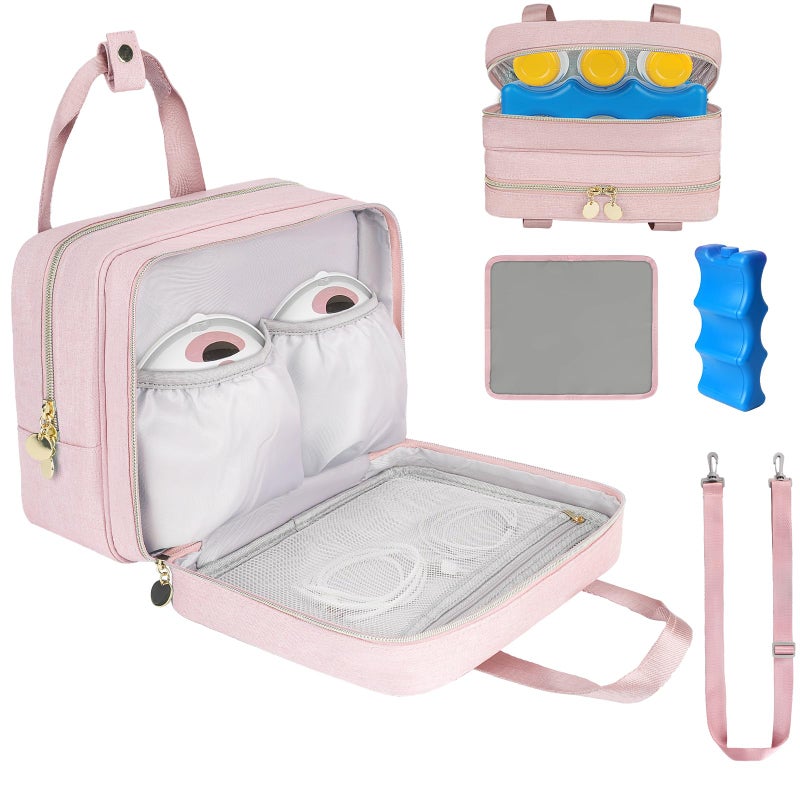 Wearable Breast Pump Bag with Cooler Compartment Compatible with Momcozy M5S12 Pro Elvie Medela Pump in Style Carrying Case with a Ice Pack Waterproof Mat for Breast Pump and AccessoriesPink