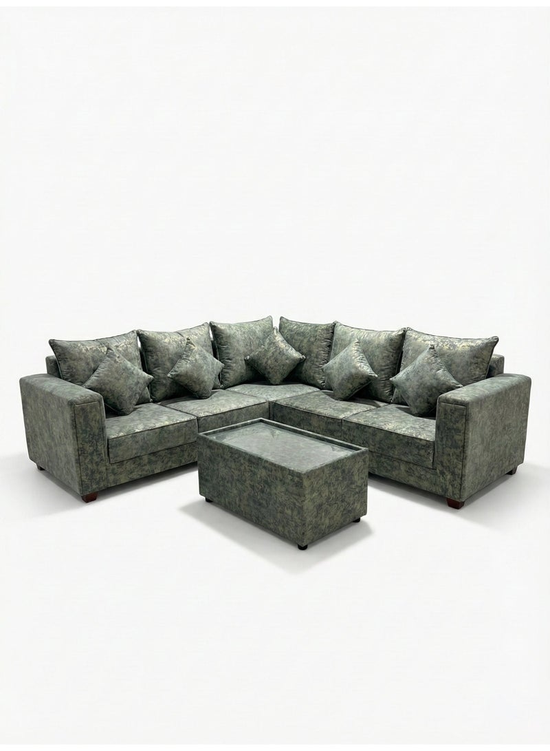 أريكة زاوية على شكل حرف L من ليون للأثاث، بخمسة مقاعد، باللونين الرمادي والذهبي بنقوش مميزة (250 × 250 سم)، مع طاولة قهوة مستطيلة وخمس وسائد - تصميم عصري مربع الشكل - Image 1