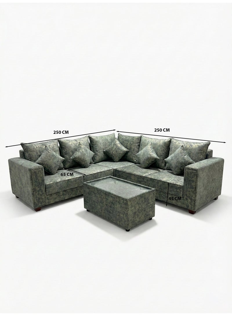 أريكة زاوية على شكل حرف L من ليون للأثاث، بخمسة مقاعد، باللونين الرمادي والذهبي بنقوش مميزة (250 × 250 سم)، مع طاولة قهوة مستطيلة وخمس وسائد - تصميم عصري مربع الشكل - Image 2