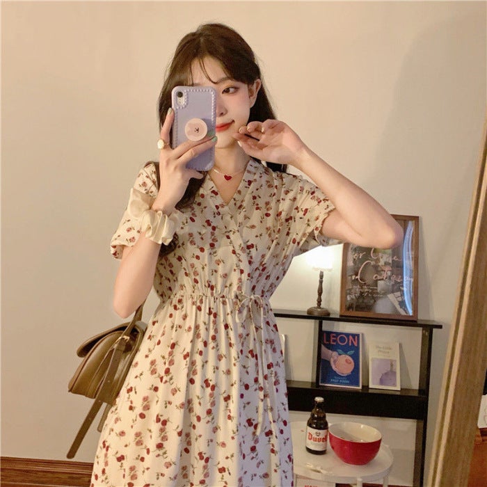 Summer French Style Womens Dress with Floral Pattern dress Female Students Korean Style Mid-length Fairy Dress with Tight Waist and Belly Covering As Shown 