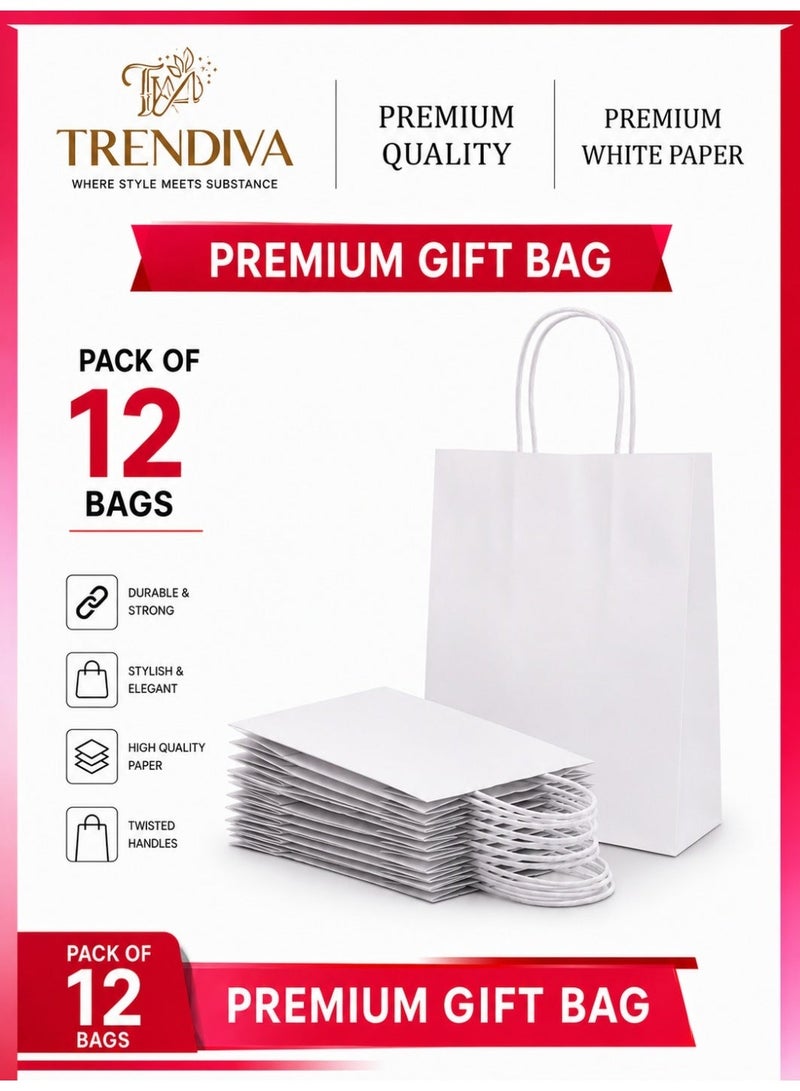 Trendiva Premium White Kraft Paper Gift Bags (Pack of 12) – Eco-Friendly Reusable Shopping Bags with Reinforced Twisted Handles – Elegant Packaging for Weddings, Birthdays, Corporate Events, and Retail – Medium Size - Image 1