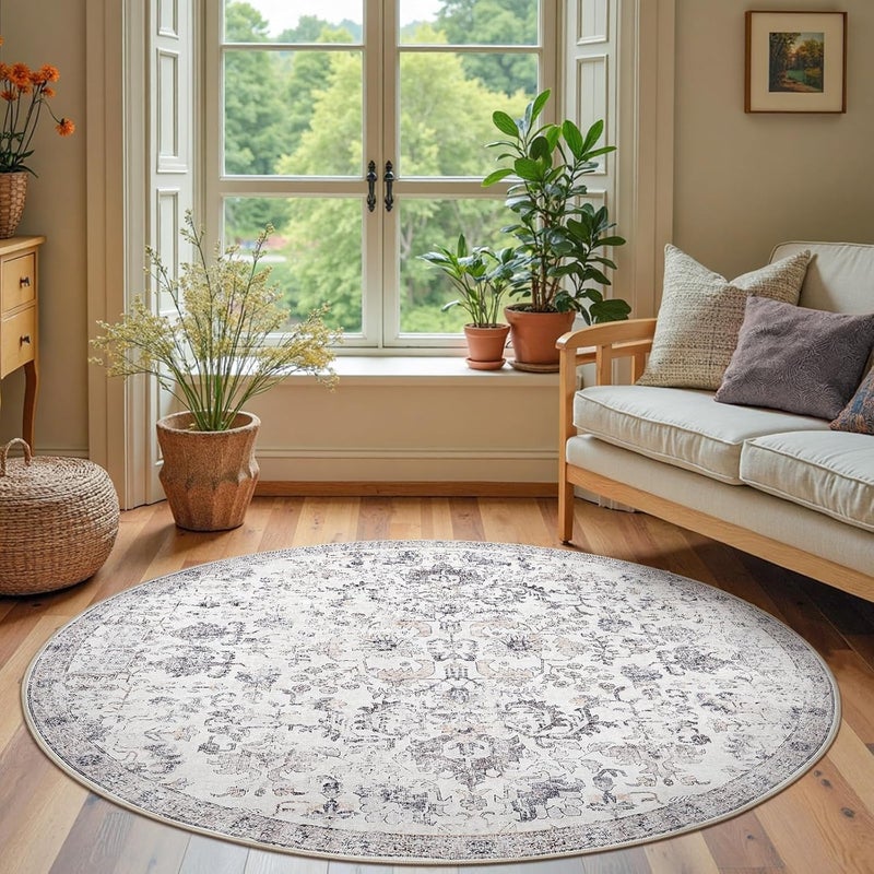 jinchan Kalen Round Rug 6ft Area Rug Washable Vintage Indoor Retro Floor Cover Distressed Gray Floral 6' Round Circle Boho Non Slip Thin Carpet for Living Room Dining Room Bedroom Kitchen Grey - Image 3