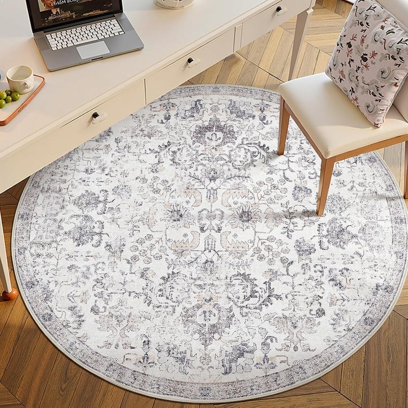 jinchan Kalen Round Rug 6ft Area Rug Washable Vintage Indoor Retro Floor Cover Distressed Gray Floral 6' Round Circle Boho Non Slip Thin Carpet for Living Room Dining Room Bedroom Kitchen Grey - Image 4