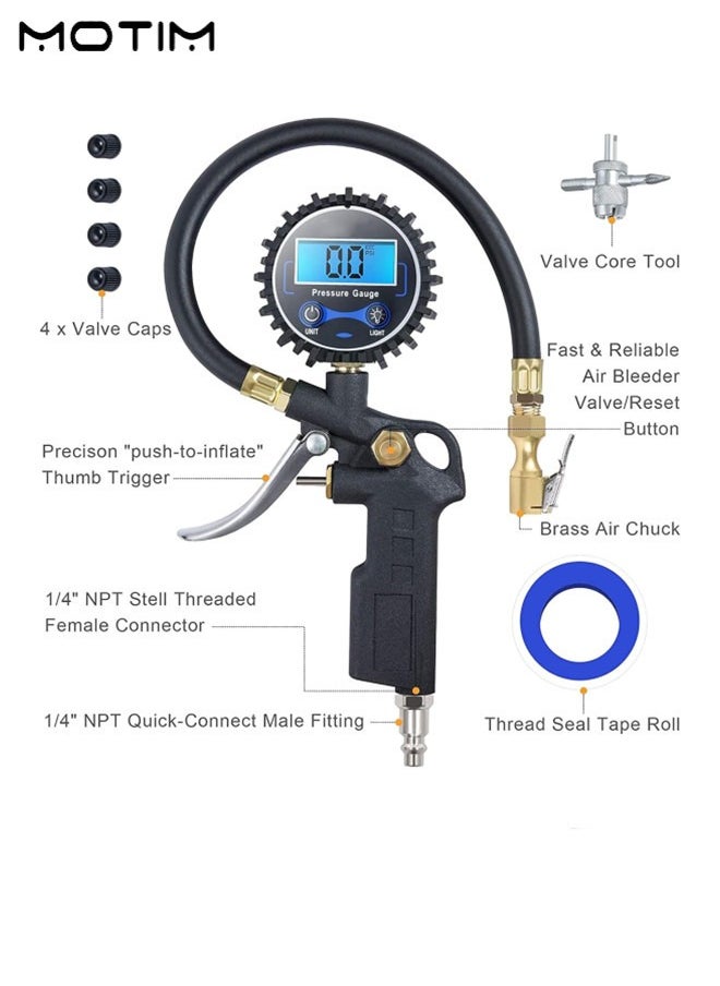 Motim - Digital Tire Inflator Deflator, Tyre Pressure Gauge 250 Psi with Air Chuck And Compressor Accessories, with Rubber Hose and Quick Connect Coupler, 0.1 Display Resolution - Image 1