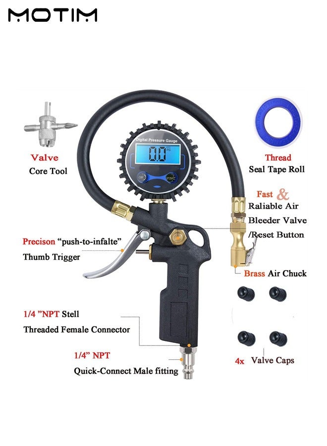 مقياس ضغط الإطارات الرقمي 250 رطل لكل بوصة مربعة مع ملحق هواء وملحق ضاغط، منفاخ إطارات رقمي، مع خرطوم مطاطي وموصل سريع التوصيل، دقة عرض 0.1