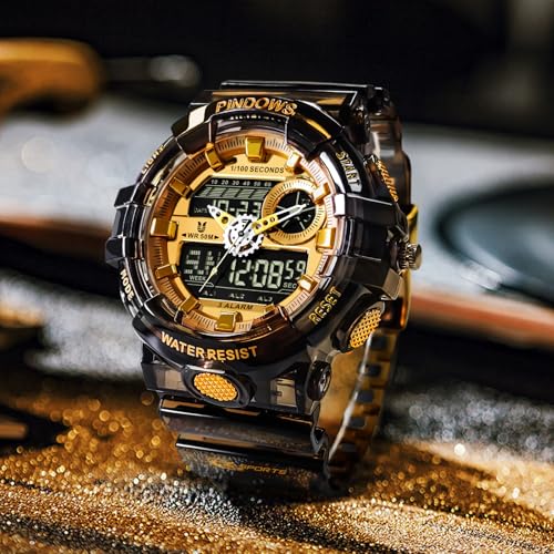 PINDOWS Watch for Men, Men's Military Outdoor Sports Electronic Watches Date Multi-Function LED Alarm Stopwatch,50M Waterproof Analog Digital Watches 12H/24H Display - Image 3