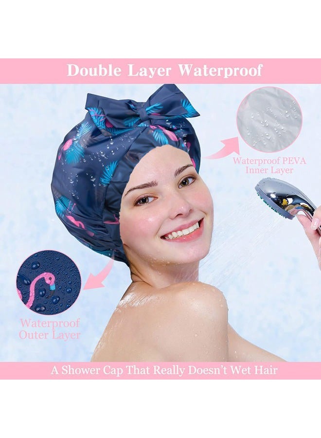 WINSTECK 2 PCS Shower Caps, Reusable & Extra Large & Adjustable & Double Layer Waterproof Bow Knot Hair Reusable Cap for Women, Waterproof Outer & EVA Lining, for Shower, Spa, Makeup - Image 4