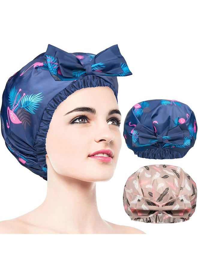 WINSTECK 2 PCS Shower Caps, Reusable & Extra Large & Adjustable & Double Layer Waterproof Bow Knot Hair Reusable Cap for Women, Waterproof Outer & EVA Lining, for Shower, Spa, Makeup - Image 1