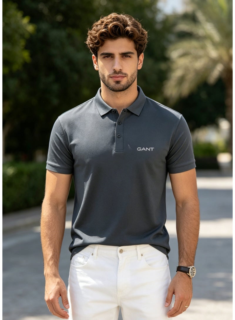GANT Men's Short Sleeve Solid Polo Shirt, Slim Fit, Smart Casual & Formal Wear, Dark Grey - Image 5