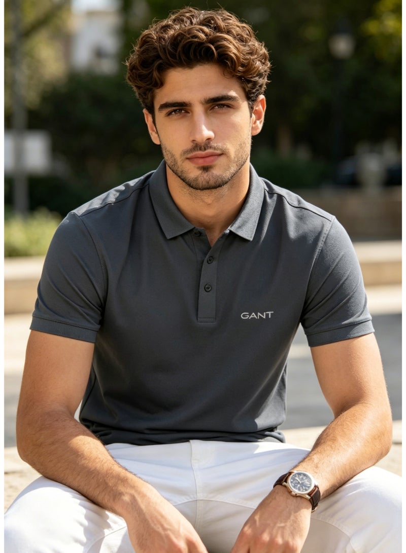 GANT Men's Short Sleeve Solid Polo Shirt, Slim Fit, Smart Casual & Formal Wear, Dark Grey - Image 4