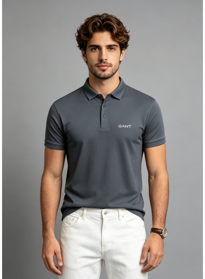 GANT Men's Short Sleeve Solid Polo Shirt, Slim Fit, Smart Casual & Formal Wear, Dark Grey - Image 2