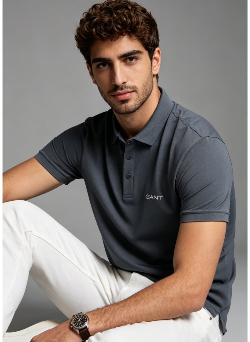 GANT Men's Short Sleeve Solid Polo Shirt, Slim Fit, Smart Casual & Formal Wear, Dark Grey - Image 3