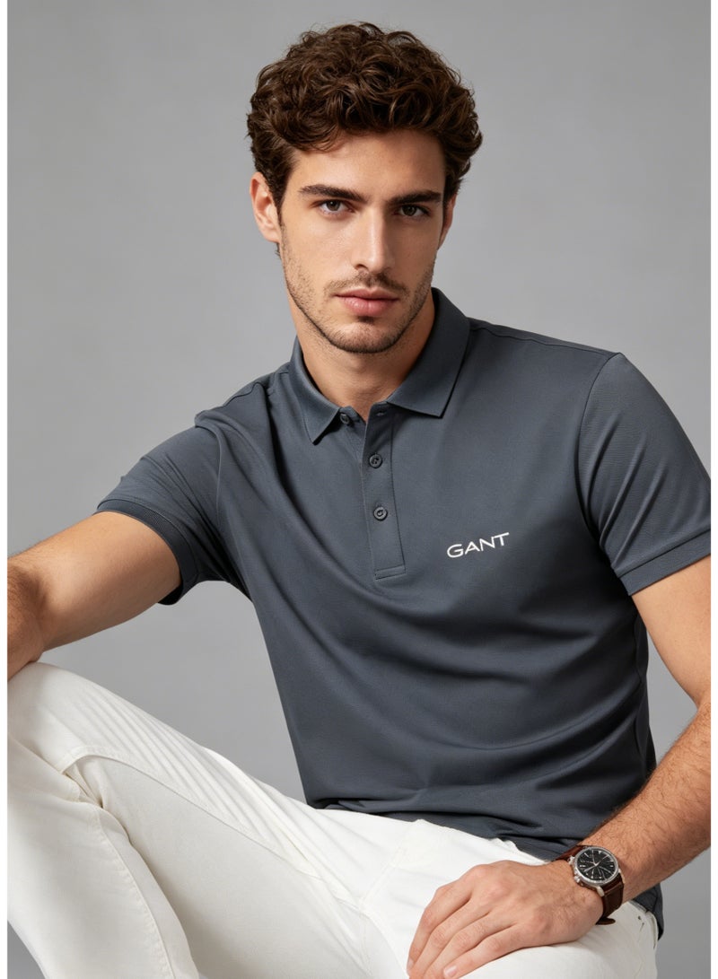 GANT Men's Short Sleeve Solid Polo Shirt, Slim Fit, Smart Casual & Formal Wear, Dark Grey - Image 1