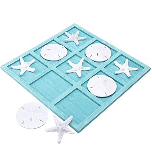 Sumind Beach House Decor Wooden Tic Tac Toe Game with Resin Seashell and Starfish Multilayer Tic Tac Toe Board Fun for Family Travel Beach Game 86 x 86 inchesBlue - Image 1