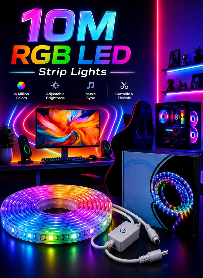 CHEEMAISTIC 10M / 32.8FT RGB LED Strip Lights, SMD LED Light Strip with Inline Controller, Color Changing LED Lights for Bedroom, Living Room, Gaming Room, TV, Desk, Party & Home Decor - Image 1