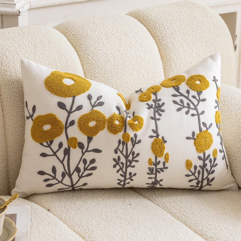 vctops Boho Floral Tufted Decorative Throw Pillow Cover Botanical Embroidered Cotton Cushion Cover for Couch Sofa Bed (Flower C,12"x20") - Image 3