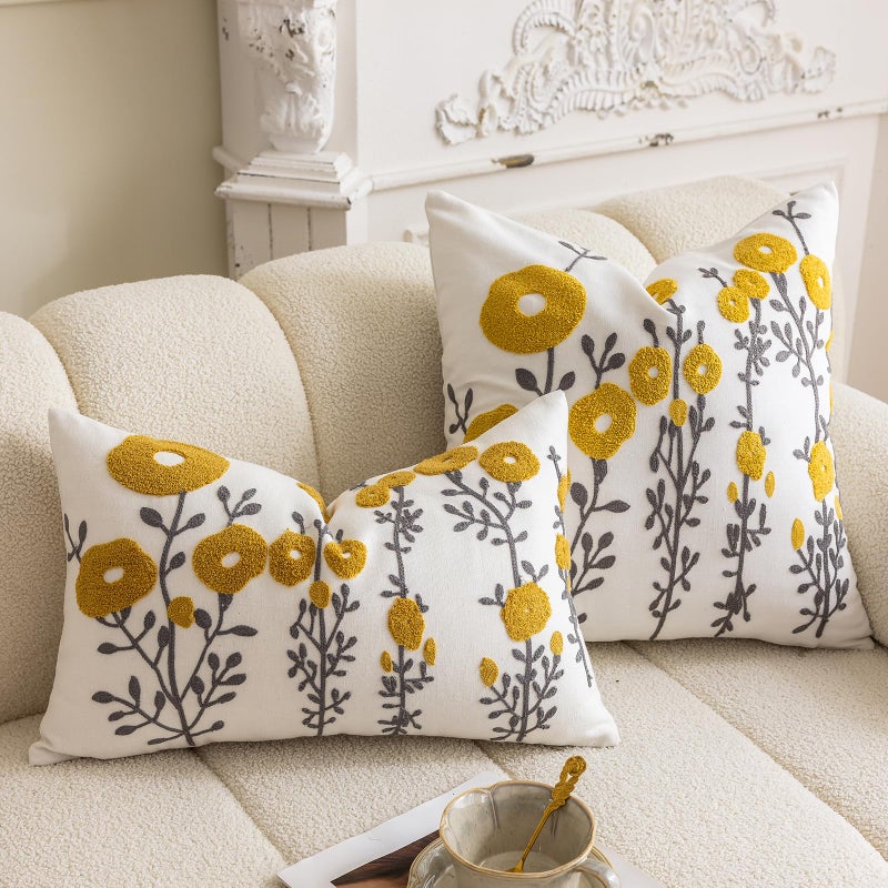 vctops Boho Floral Tufted Decorative Throw Pillow Cover Botanical Embroidered Cotton Cushion Cover for Couch Sofa Bed (Flower C,12"x20") - Image 2