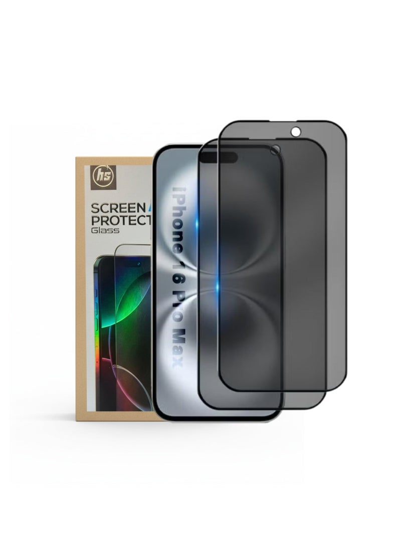 اتش اس واقي شاشة الخصوصية HS من قطعتين لهاتف iPhone 16 Pro Max مصنوع من زجاج عالي الدقة مقوى، حماية عسكرية، مضاد لبصمات الأصابع، مقاوم للخدش، خالٍ من الفقاعات، سهل التركيب، مناسب للجراب - Image 1
