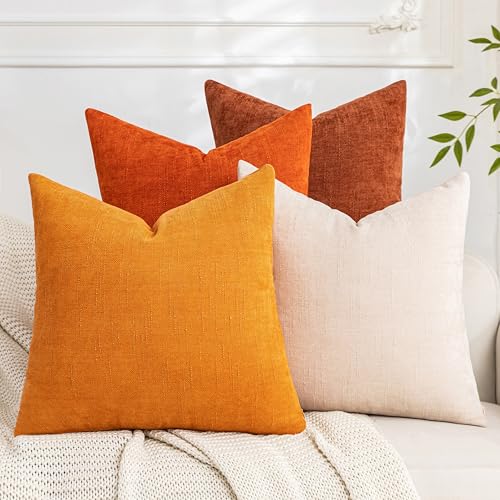 Cozoomy Set of 4 Soft Textured Decorative Throw Pillow Covers 18x18 Inch Cozy Farmhouse Cushion Cover Square Accent Pillow Cases for Bed Couch Sofa Living Room Beige Rust Orange - Image 1
