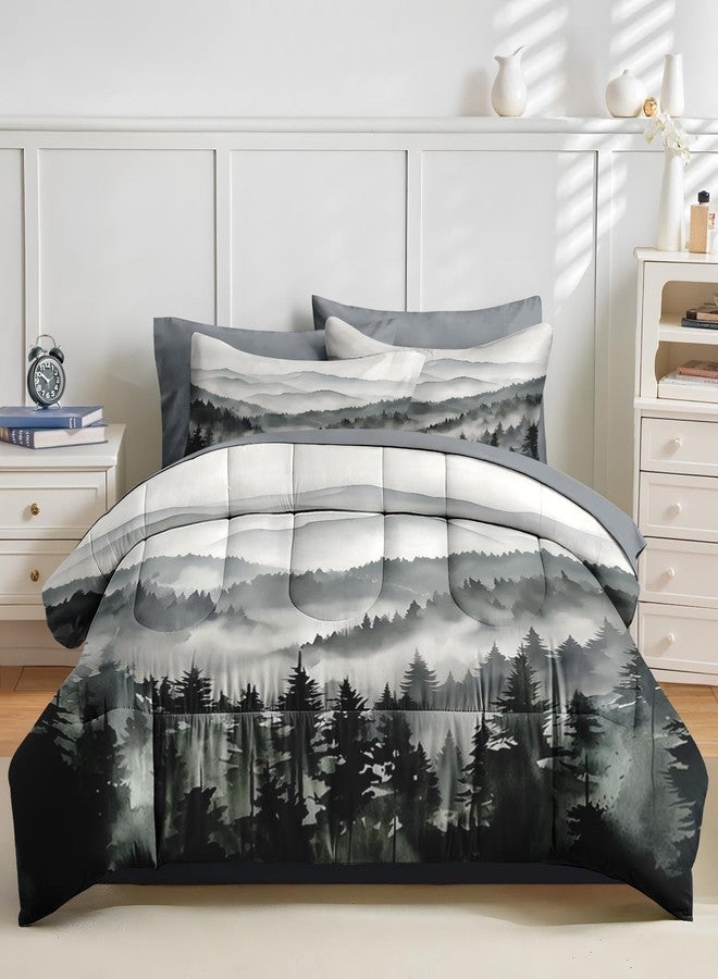Nesker Comforter Set Queen Size, Ink Forest 7 Pcs Bedding for Kids and Adults, Misty Mountains Bed Sheet Sets with Fitted Sheet 2 Pillowcases & 2 Shams - Image 3