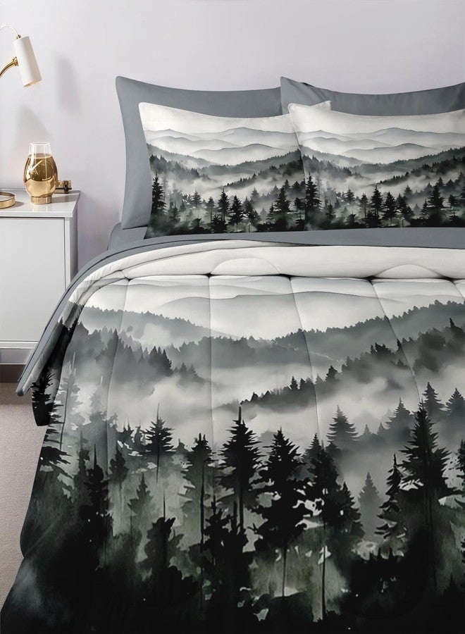 Nesker Comforter Set Queen Size, Ink Forest 7 Pcs Bedding for Kids and Adults, Misty Mountains Bed Sheet Sets with Fitted Sheet 2 Pillowcases & 2 Shams - Image 4