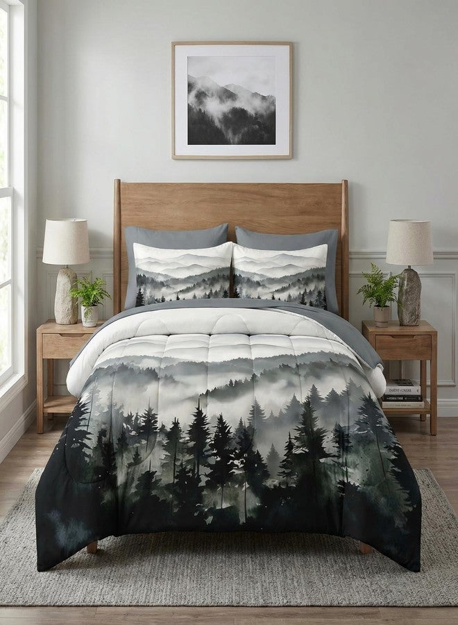 Nesker Comforter Set Queen Size, Ink Forest 7 Pcs Bedding for Kids and Adults, Misty Mountains Bed Sheet Sets with Fitted Sheet 2 Pillowcases & 2 Shams - Image 1