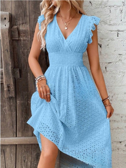 2024 Amazon AliExpress Hot New Multi-color in stock European and American Summer Lotus Leaf Sleeve Elegant dress Sky blue - Image 1