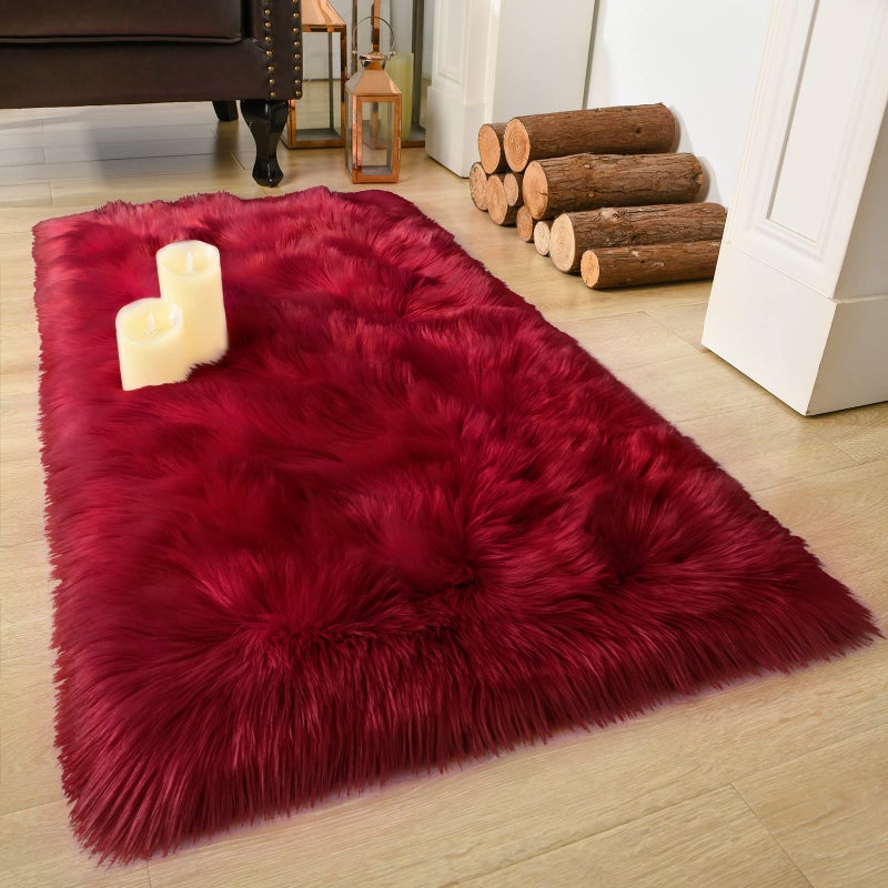 سجاد لوكاس الناعم والف fluffy المزيف لغرفة النوم سجادة بجانب السرير 2x4 قدم قابلة للغسل سجادة شبيهة بالصوف لمنطقة المعيشة غرفة الفتيات سجادة شاج فاخرة ديكور منزلي أحمر