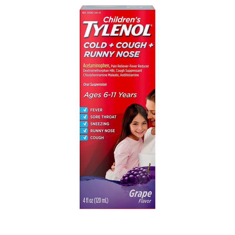 Tylenol معلق للأطفال من تايلينول للبرد + السعال + سيلان الأنف، بنكهة العنب، 4 أونصة سائلة - Image 1