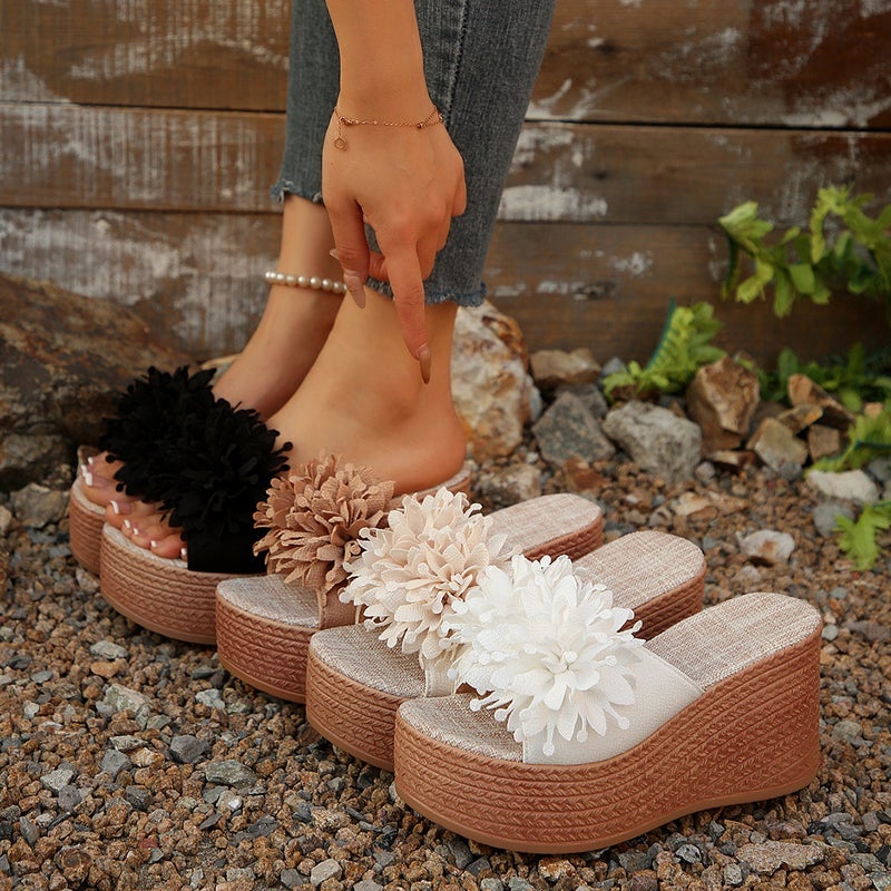 Wedge-Heeled Thick-Soled Slippers For Women, Large Size, One-Line Floral Waterproof Platform Sandals - Image 2