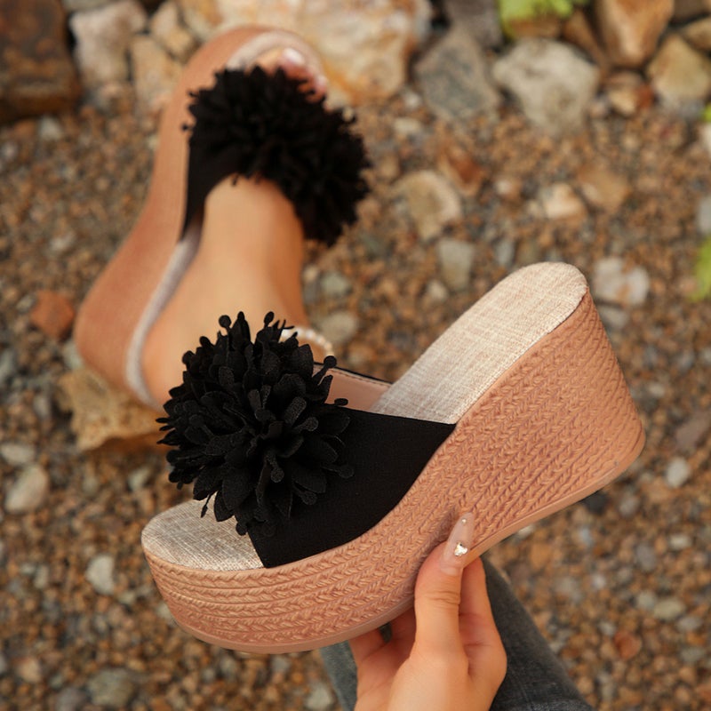 Wedge-Heeled Thick-Soled Slippers For Women, Large Size, One-Line Floral Waterproof Platform Sandals - Image 3