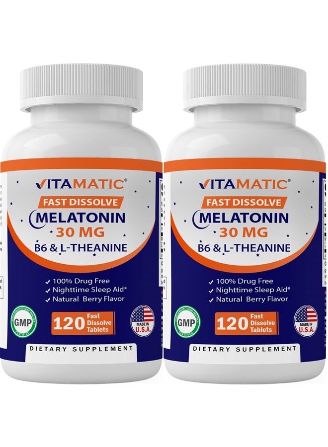 Vitamatic ميلاتونين 30 ملغ - مع ب6 و L-ثيانين - 120 قرص سريع الذوبان بنكهة التوت الطبيعية (جرعة 2 قرص = ميلاتونين 60 ملغ) (120 عدد (عبوة من 2)) - Image 1