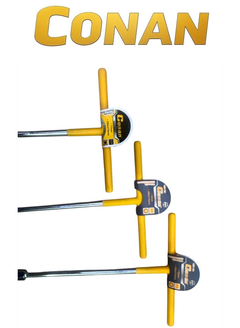 Conan 3 Pcs CONAN T-Handle Socket Wrench Set (12mm + 14mm + 17mm) – Heavy-Duty Cr-V Steel – Non-Slip Rubber Handle – 200×310mm – COTS812 / COTS814 / COTS817 - Image 3