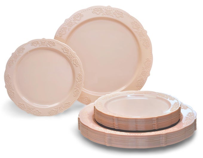 OCCASIONS 50 PLATES PACK 25 GUESTS VINTAGE WEDDING PARTY DISPOSABLE PLASTIC PLATE SET 25X1025 DINNER 25X75 SALADDESSERT PLATES PORTOFINO IN BLUSHANTIQUE ROSE