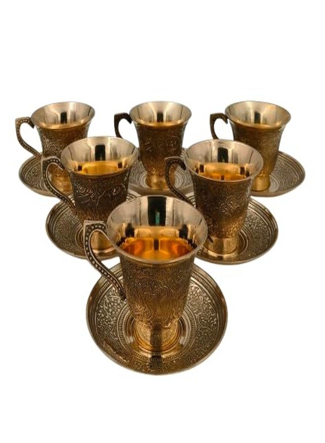 Master Brownsmith Brass Cup Saucer 6 Piece Set Tea Cup Set with Embossed Flower Design, Serving Tea and Coffee, Pack of 6, 242G Per Piece (Approx.) - Image 1