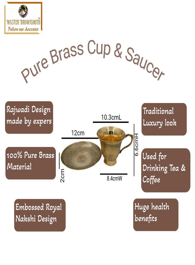 Master Brownsmith Brass Cup Saucer 6 Piece Set Tea Cup Set with Embossed Flower Design, Serving Tea and Coffee, Pack of 6, 242G Per Piece (Approx.) - Image 3