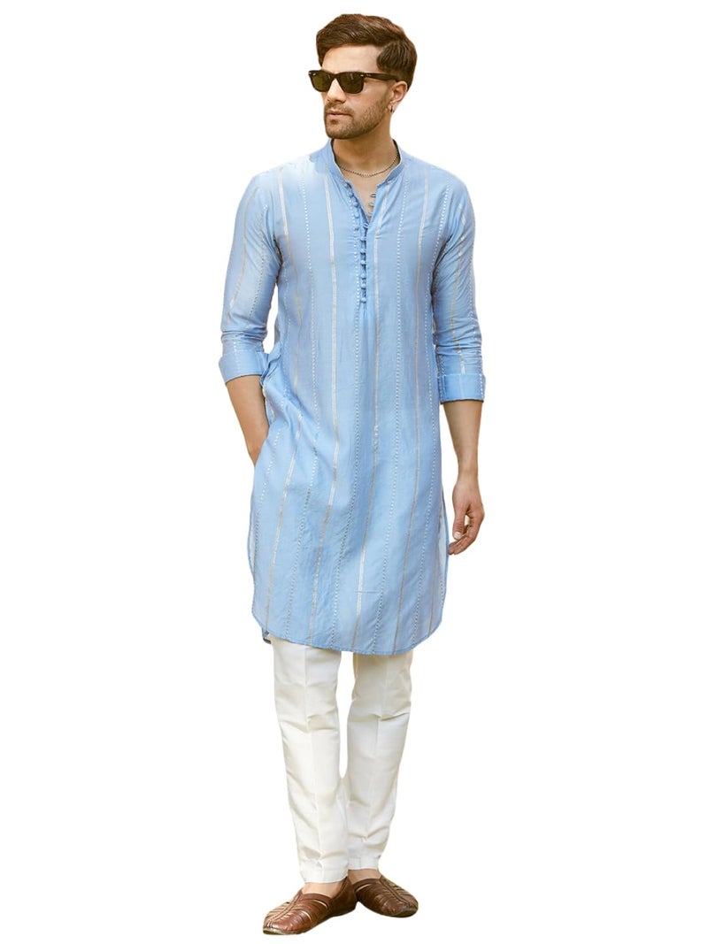See Designs Men Full Sleeve Turquoise Blue Chanderi Silk Sequins Mandarin Collar Side Slit Kurta with Pyjama - SDMKT144401XS - Image 1