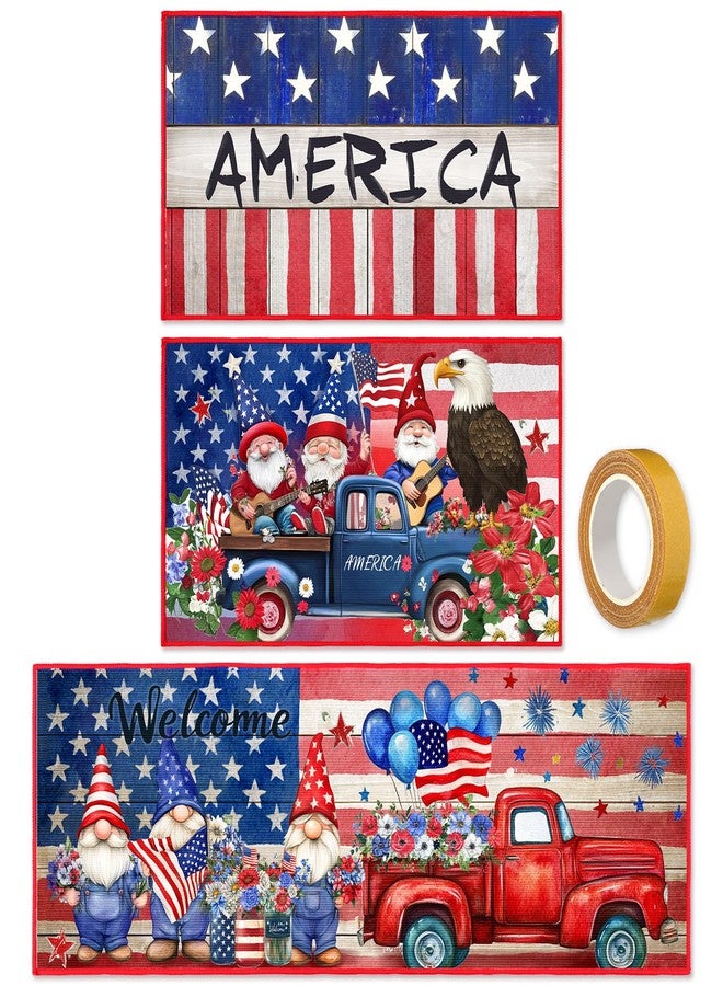 Maasechs 3 Pcs 4th of July Patriotic Kitchen Rugs and Mats Set Non Slip Memorial Day Star Floor Mats Red White Blue Americana Flag Gnome Rugs 250th Anniversary Independence Day Decor for Kitchen Home - Image 1