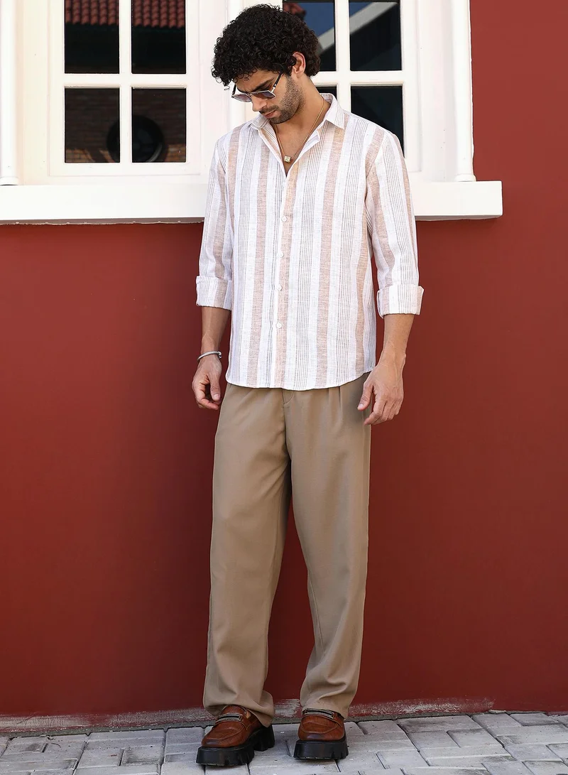 Campus Sutra Men's Tan Beige Pincandy-Striped Regular Shirt