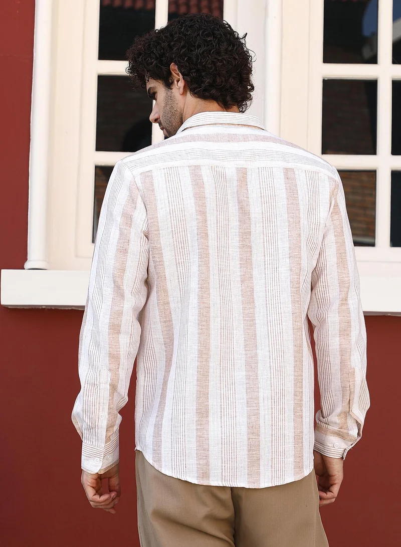 Campus Sutra Men's Tan Beige Pincandy-Striped Regular Shirt