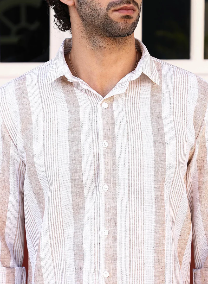 Campus Sutra Men's Tan Beige Pincandy-Striped Regular Shirt