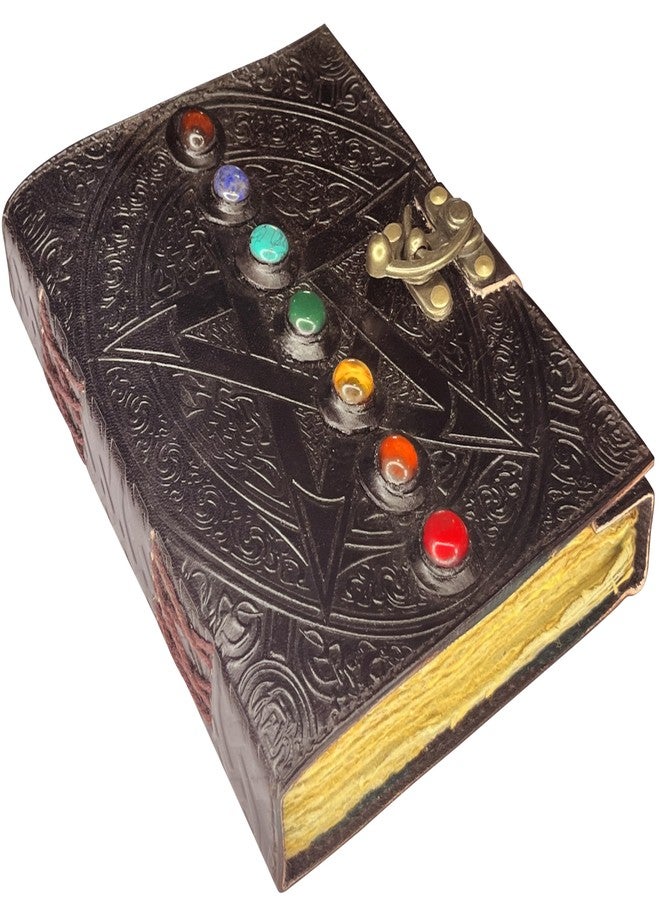RUSTIC TOWN Leather Bound Journal A5 - Vintage 7 Stone Chakra Journal for Writing with Lock - Handmade Antique Deckle Edge Paper - Book of Shadow - Image 1
