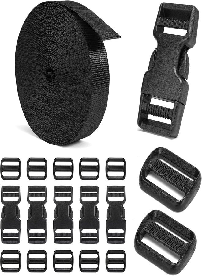 SHOPEE Buckles and Straps Set 1": 5 Meter of Thick Nylon Webbing, 6-Pack Heavy Duty Adjustable Quick Side Release Plastic Buckles, 12 Tri-Glide Slide Clips, Black (1-Inch Combo Set) - Image 1