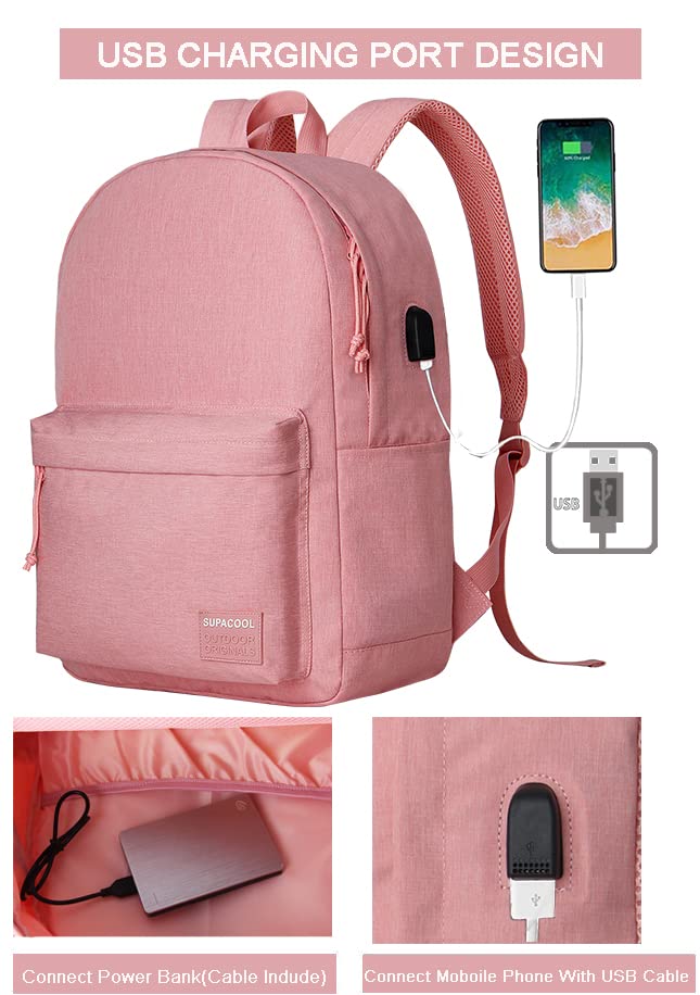 SUPACOOL Casual Laptop Backpack for Men and Women, Backpack for College, USB Charging Port, Lightweight Pack Back(Pink) - Image 2