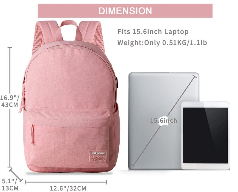 SUPACOOL Casual Laptop Backpack for Men and Women, Backpack for College, USB Charging Port, Lightweight Pack Back(Pink) - Image 4