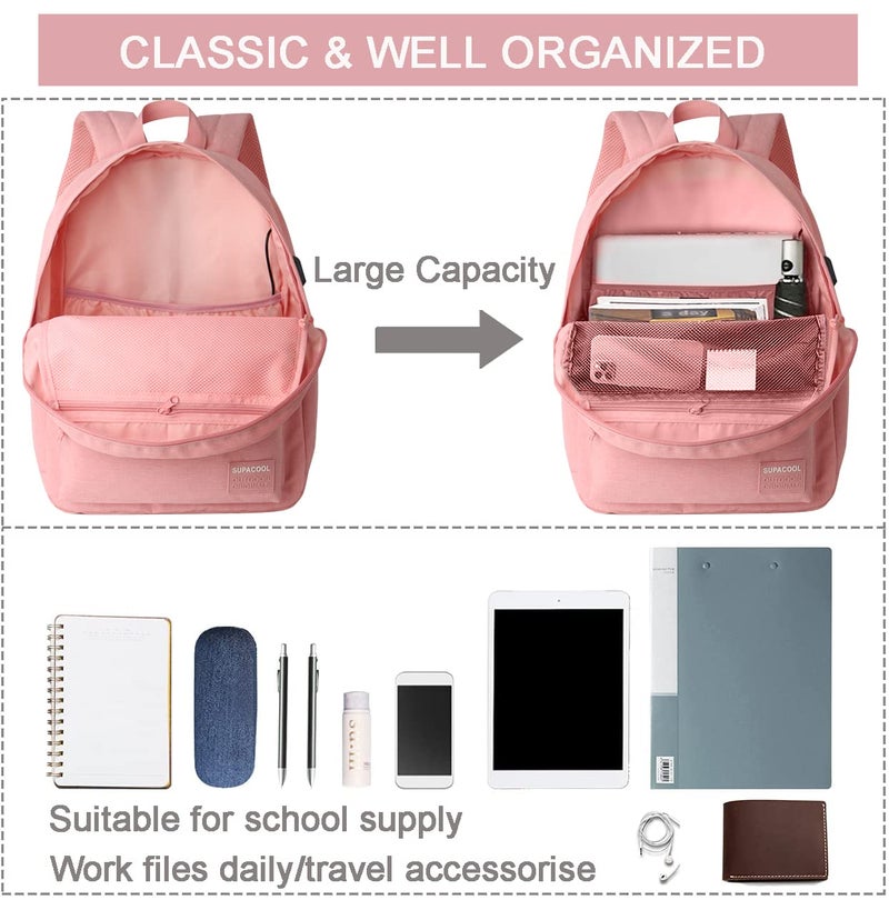 SUPACOOL Casual Laptop Backpack for Men and Women, Backpack for College, USB Charging Port, Lightweight Pack Back(Pink) - Image 3