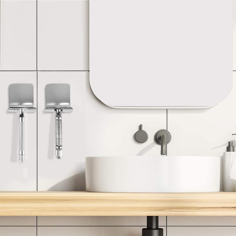 Linkidea 2 Pack Wall Mount Shaver Holder for Shower, Self Adhesive Hook Hanger Stand, Bathroom Wall Mounted Razor Holder Compatible with Vikings, Merkur Double Edge Safety Razor - Image 5