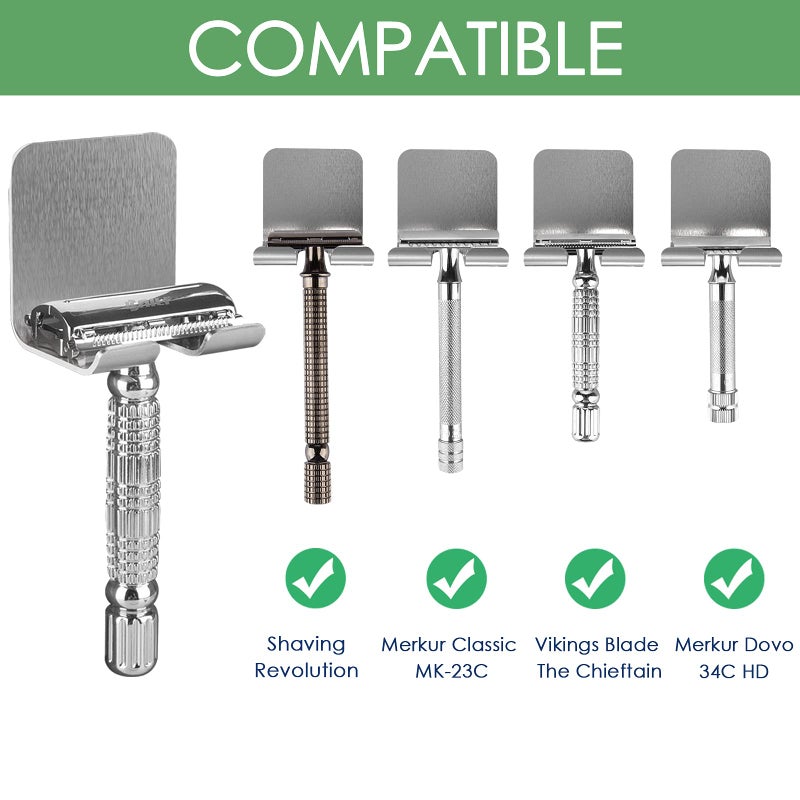 Linkidea 2 Pack Wall Mount Shaver Holder for Shower, Self Adhesive Hook Hanger Stand, Bathroom Wall Mounted Razor Holder Compatible with Vikings, Merkur Double Edge Safety Razor - Image 2