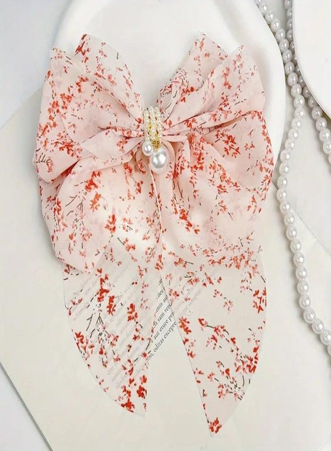 Ashkash 1Pcs Large Floral Ribbon Bow Hair Clips With Faux Pearls, Elegant & Sweet Style, Oversized Back Head Duckbill Clip Accessories - Multicolor - Image 3